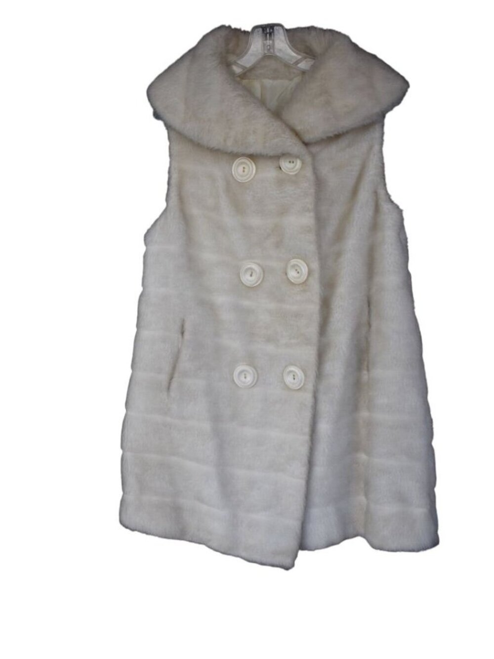 Vintage 1970's Women's White Faux Fur Long Vest Pockets L/XL